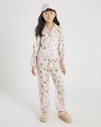 Flickor Krämfärgat pyjamas-set i satin med rosett och kedja
