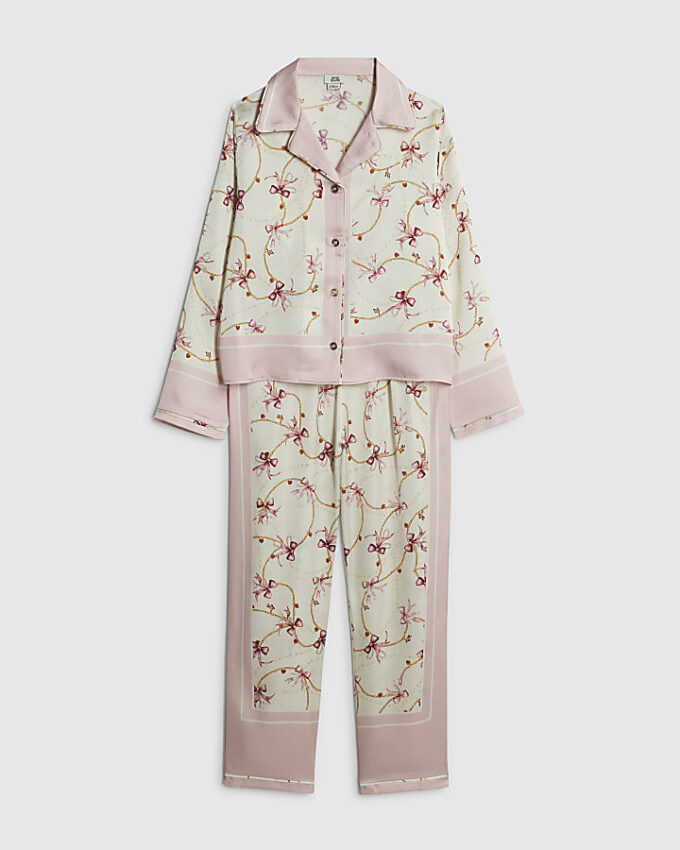 Flickor Krämfärgat pyjamas-set i satin med rosett och kedja Flickor Krämfärgat pyjamas-set i satin med rosett och kedja