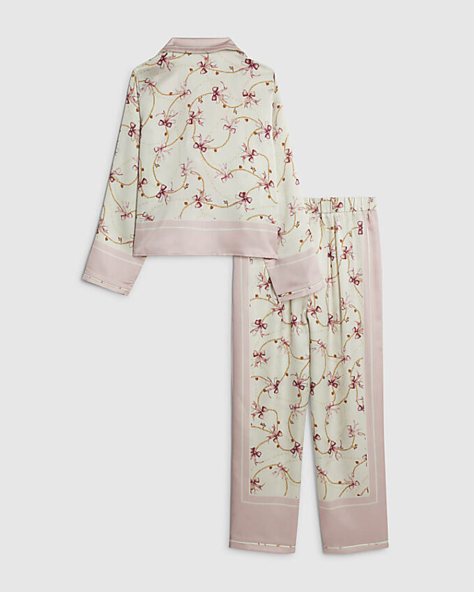 Flickor Krämfärgat pyjamas-set i satin med rosett och kedja Flickor Krämfärgat pyjamas-set i satin med rosett och kedja