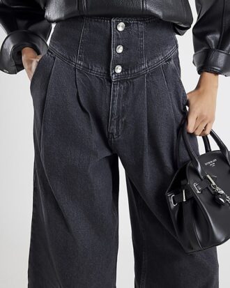 Grå jeans med vida ben och korsettknäppning