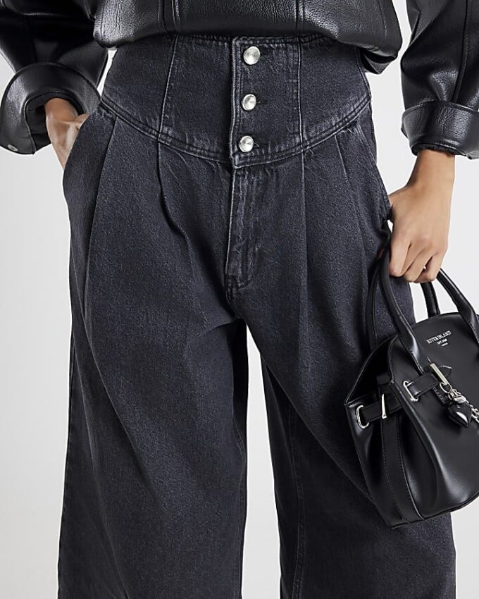 Grå jeans med vida ben och korsettknäppning