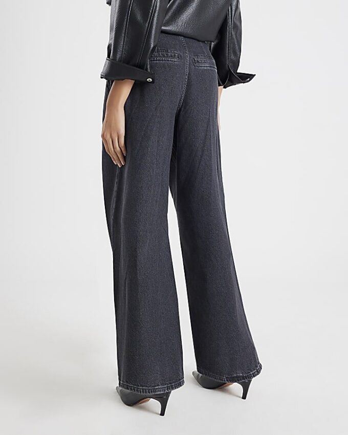 Grå jeans med vida ben och korsettknäppning