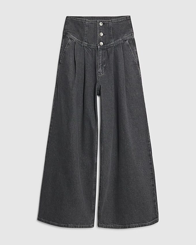 Grå jeans med vida ben och korsettknäppning