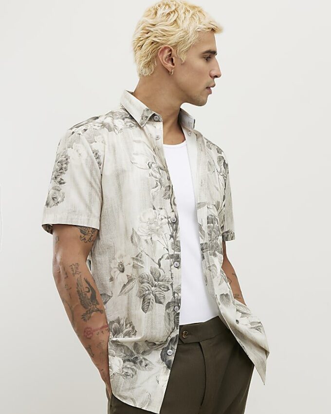 Grå kortärmad slim fit-skjorta med kristallblommönster