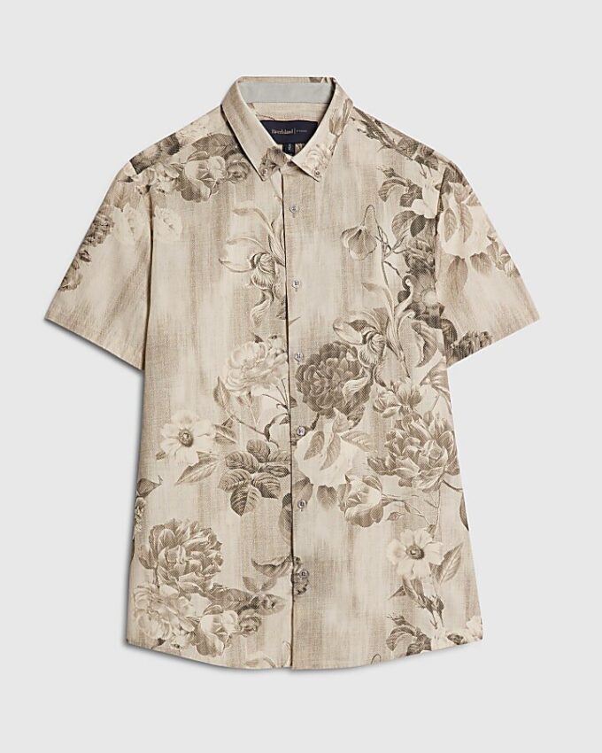 Grå kortärmad slim fit-skjorta med kristallblommönster
