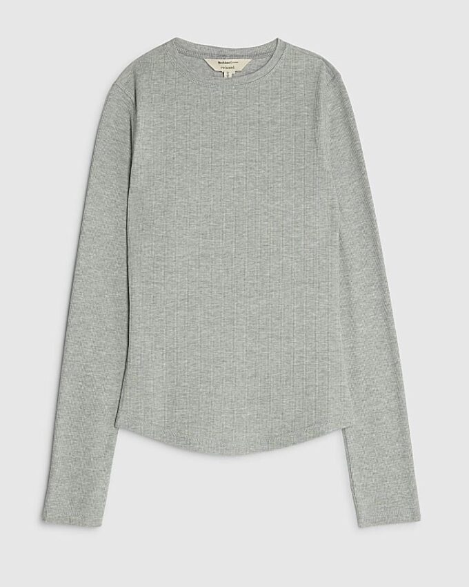 Grå långärmad ribbad tröja med rund hals