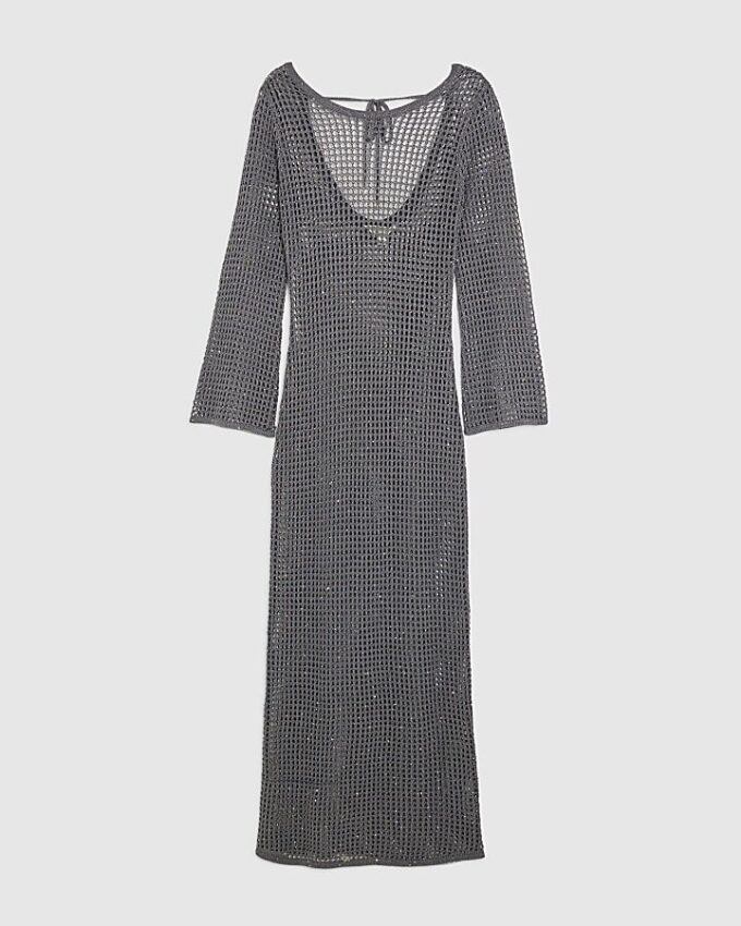 Grå lurex maxiklänning med långa ärmar