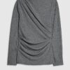 Grå mysig ribbad långärmad draperad topp