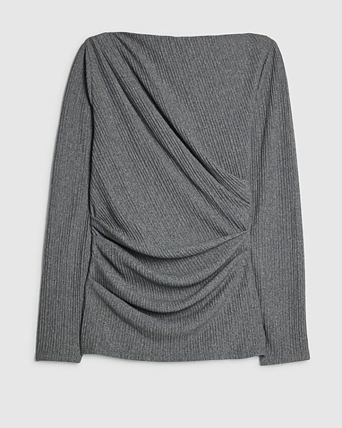 Grå mysig ribbad långärmad draperad topp