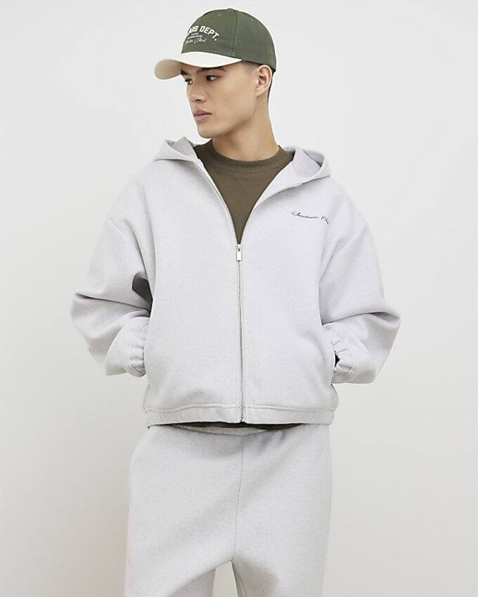 Grå oversized hoodie med dragkedja