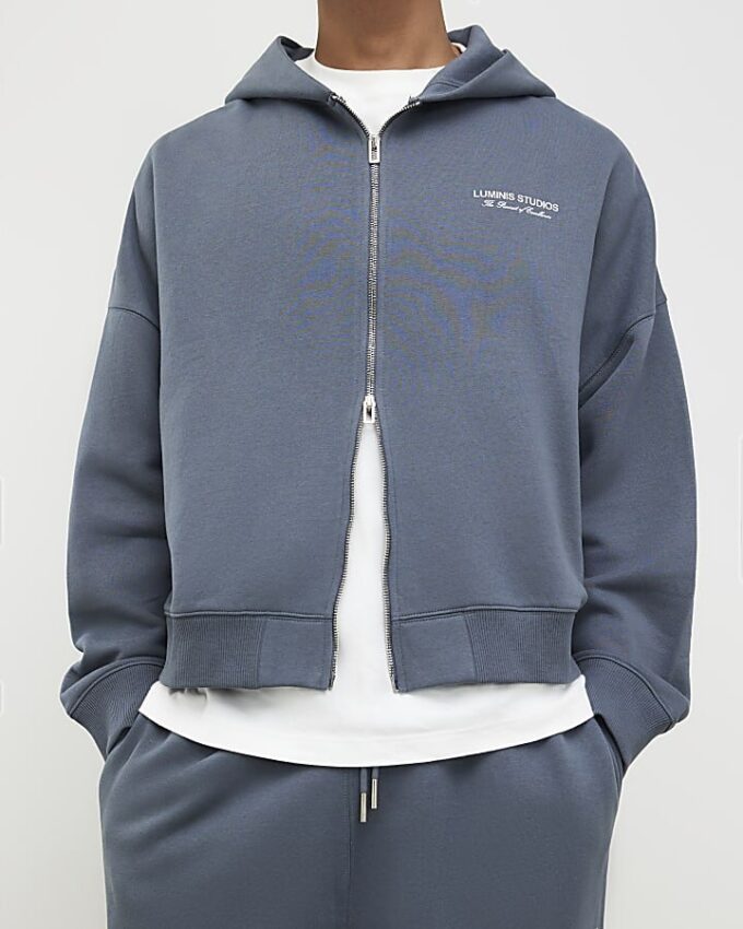Grå oversized hoodie med dragkedja från Luminis