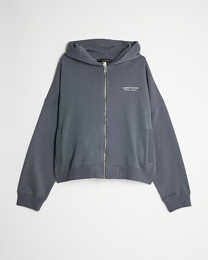 Grå oversized hoodie med dragkedja från Luminis