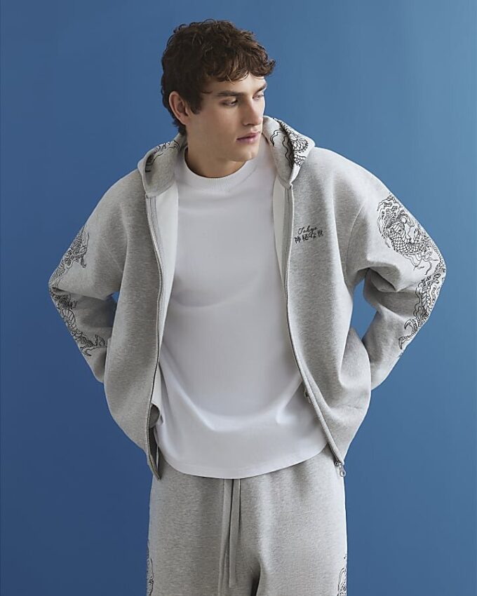 Grå oversized hoodie med japansk drake Grå oversized hoodie med japansk drake