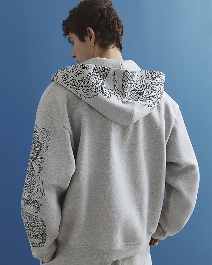 Grå oversized hoodie med japansk drake Grå oversized hoodie med japansk drake