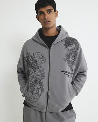 Grå oversized-passformad hoodie med dragkedja och drakmotiv