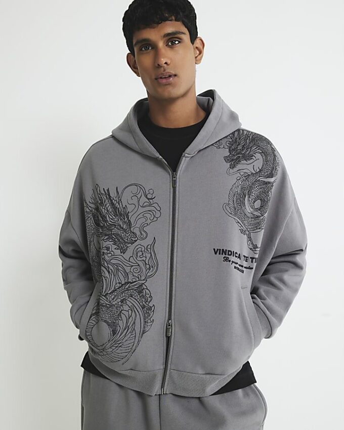 Grå oversized-passformad hoodie med dragkedja och drakmotiv Grå oversized-passformad hoodie med dragkedja och drakmotiv