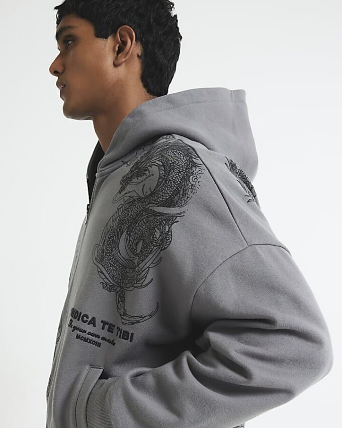 Grå oversized-passformad hoodie med dragkedja och drakmotiv Grå oversized-passformad hoodie med dragkedja och drakmotiv