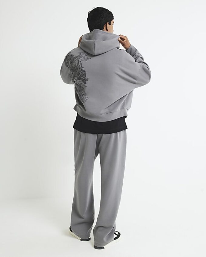 Grå oversized-passformad hoodie med dragkedja och drakmotiv Grå oversized-passformad hoodie med dragkedja och drakmotiv