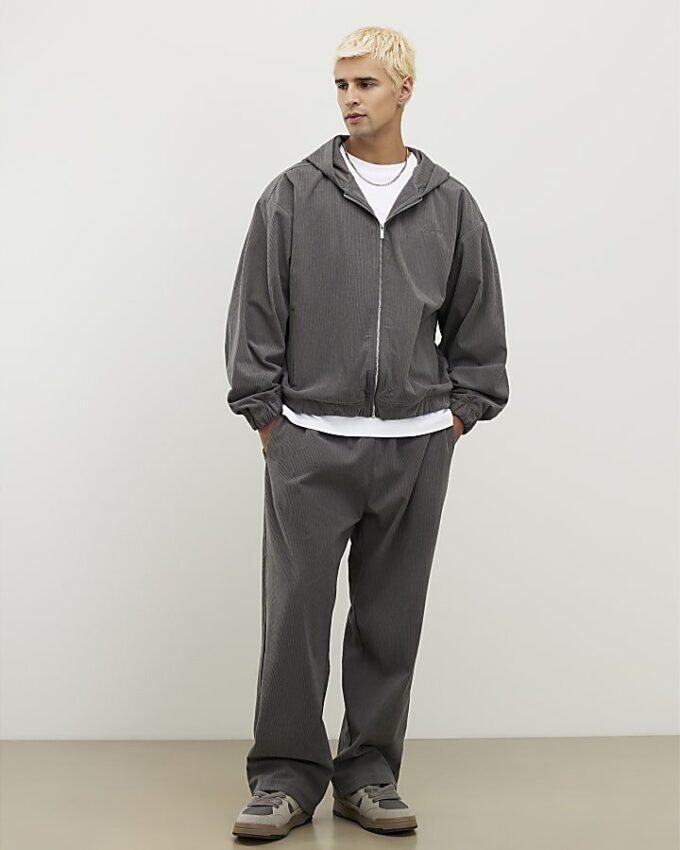 Grå Sanctuaire-hoodie i corduroy med genomgående dragkedja