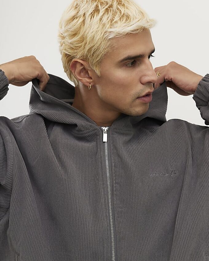 Grå Sanctuaire-hoodie i corduroy med genomgående dragkedja