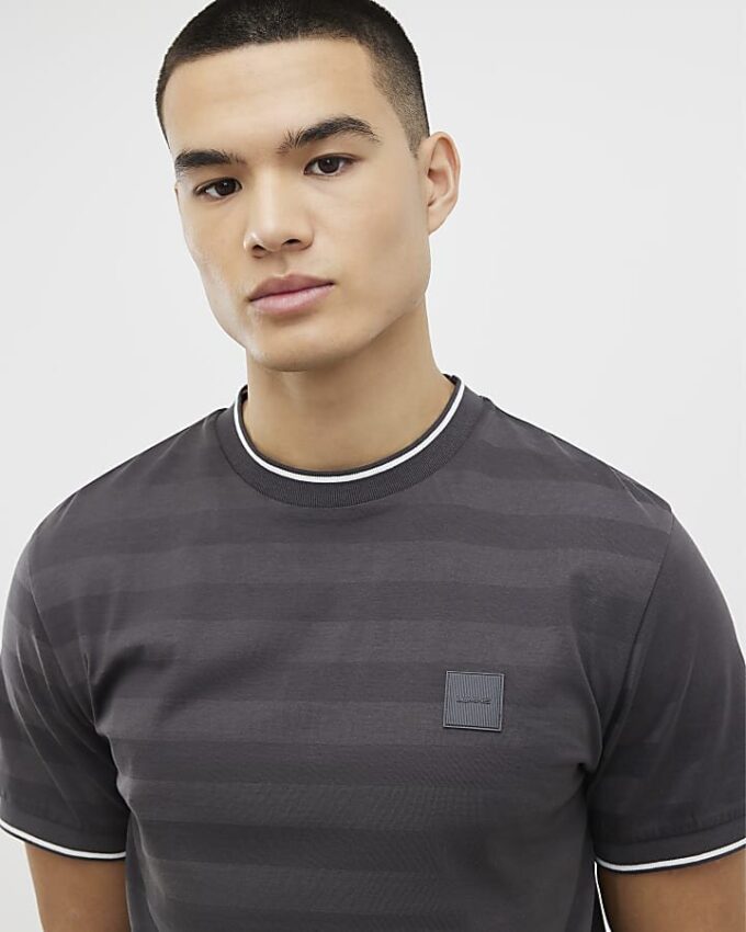 Grå Slim Fit Luminis Badge Stripe T-shirt