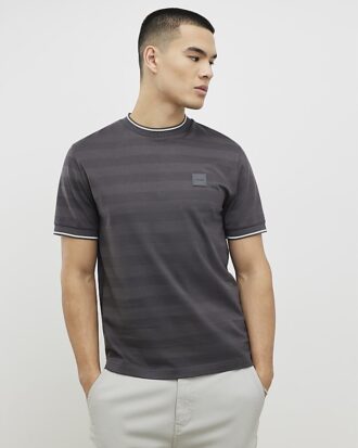Grå Slim Fit Luminis Badge Stripe T-shirt