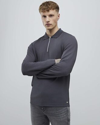 Grå slim fit-polotröja med struktur och kvartlång dragkedja