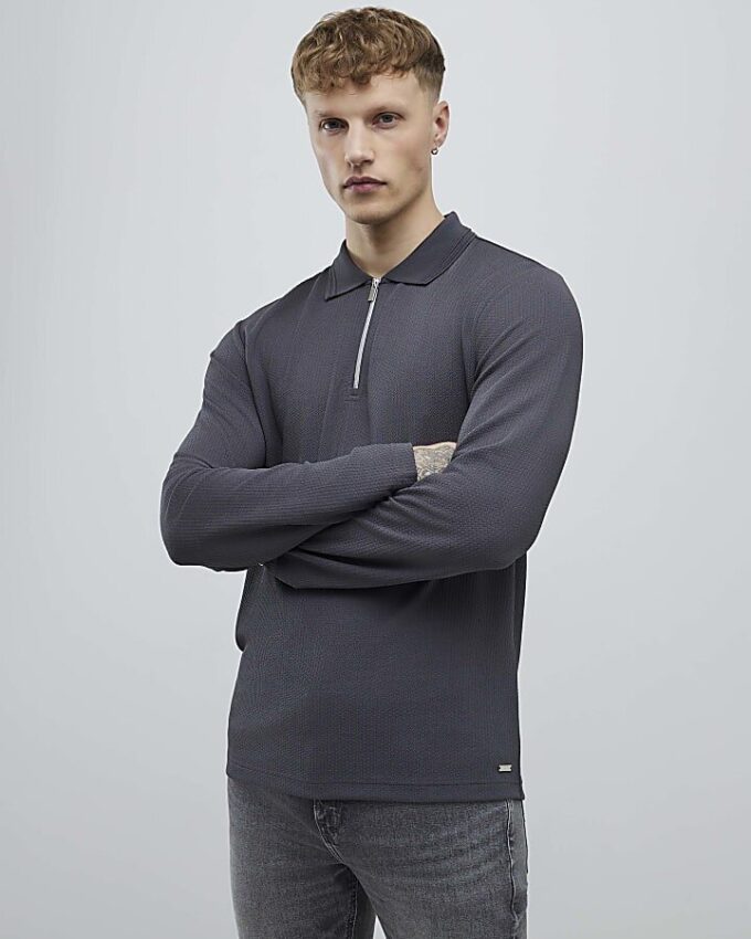 Grå slim fit-polotröja med struktur och kvartlång dragkedja