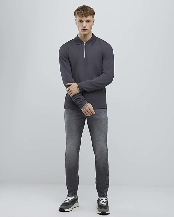 Grå slim fit-polotröja med struktur och kvartlång dragkedja