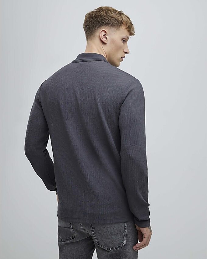 Grå slim fit-polotröja med struktur och kvartlång dragkedja