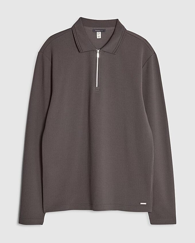 Grå slim fit-polotröja med struktur och kvartlång dragkedja