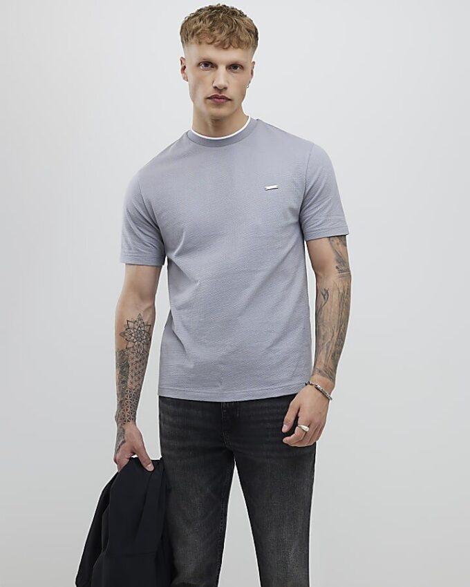 Grå Slim Fit Textured T-shirt
