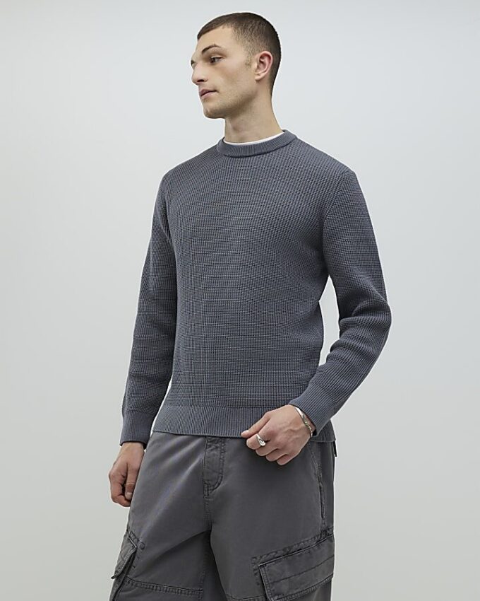 Grå slim fit-tröja i våffelstickat