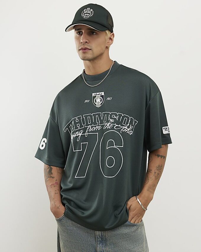 Grön oversized mesh-T-shirt med 7th Division-tryck