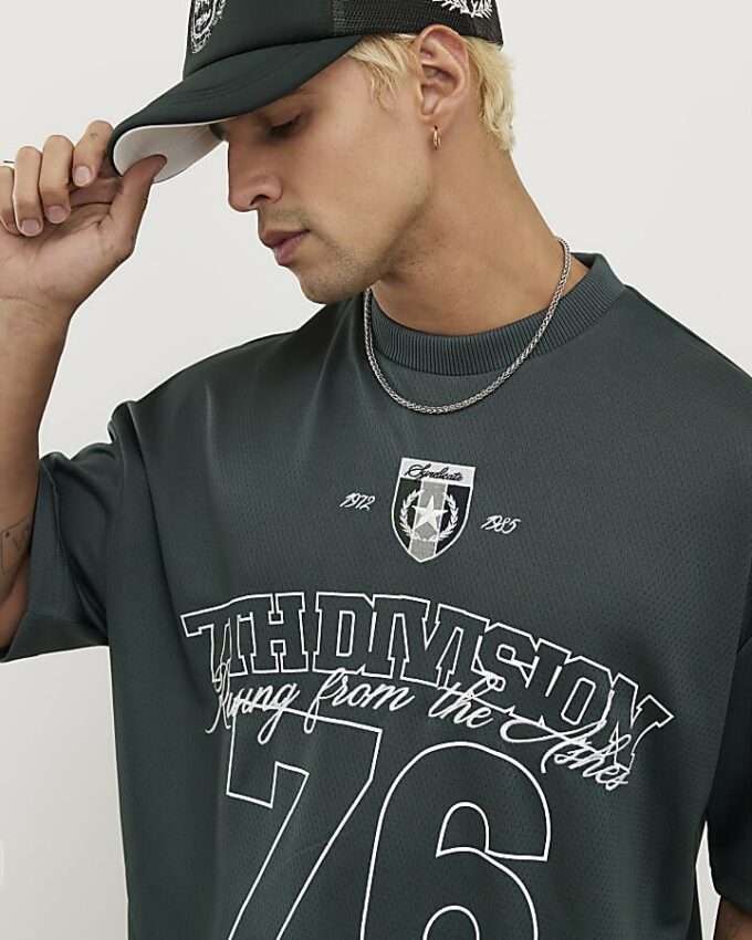 Grön oversized mesh-T-shirt med 7th Division-tryck