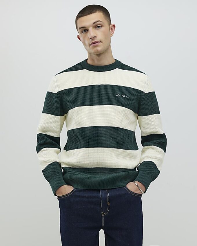 Grön slim fit-tröja i våffelstickad randig trikå