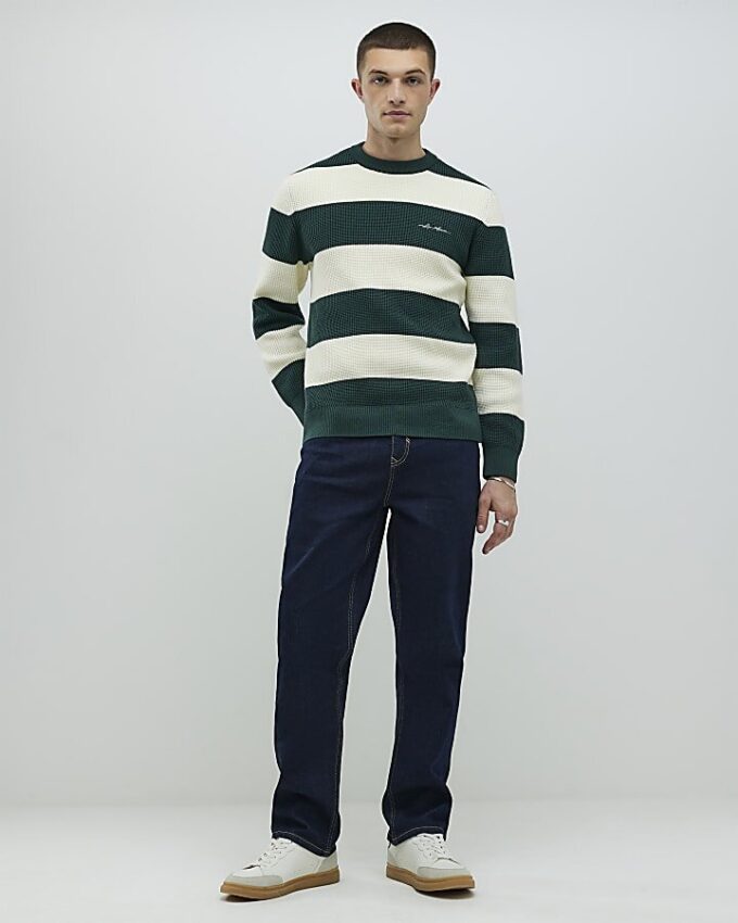 Grön slim fit-tröja i våffelstickad randig trikå