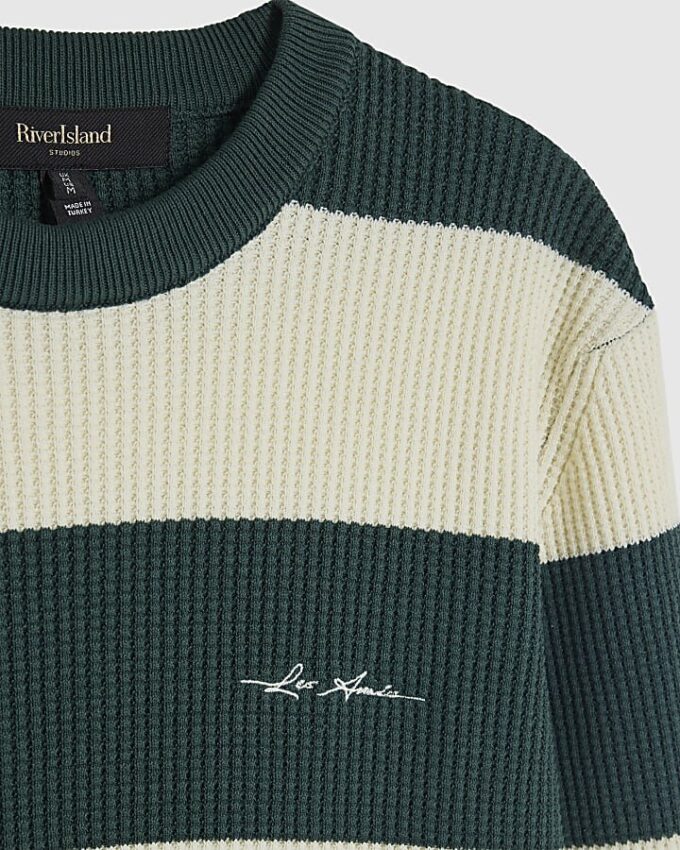 Grön slim fit-tröja i våffelstickad randig trikå