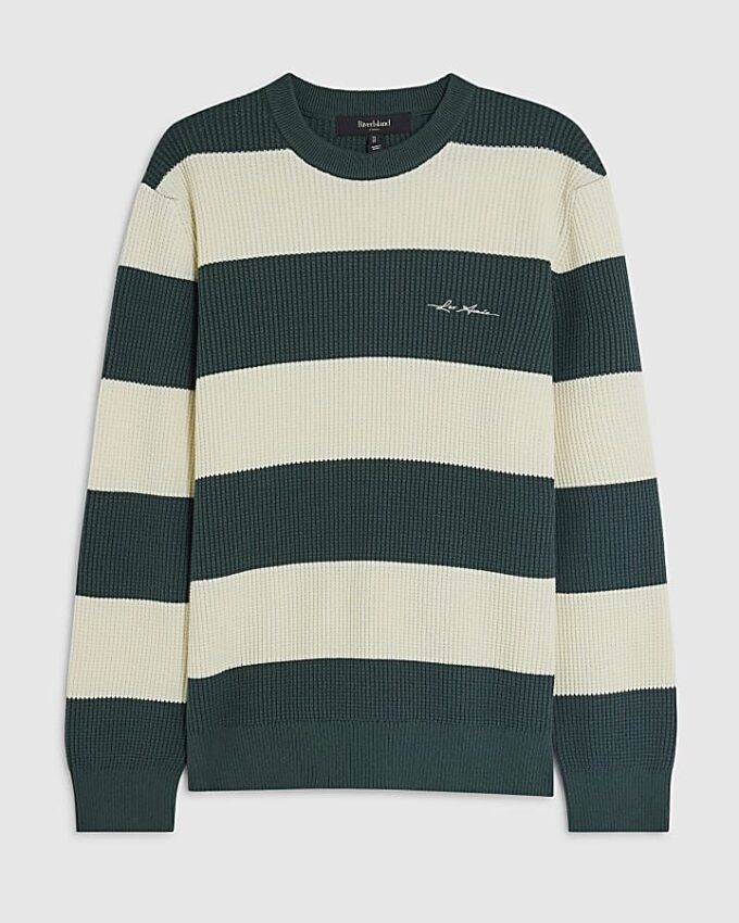 Grön slim fit-tröja i våffelstickad randig trikå