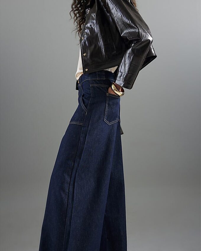 Indigo Mid Rise Tailored Baggy Wide Leg Jeans