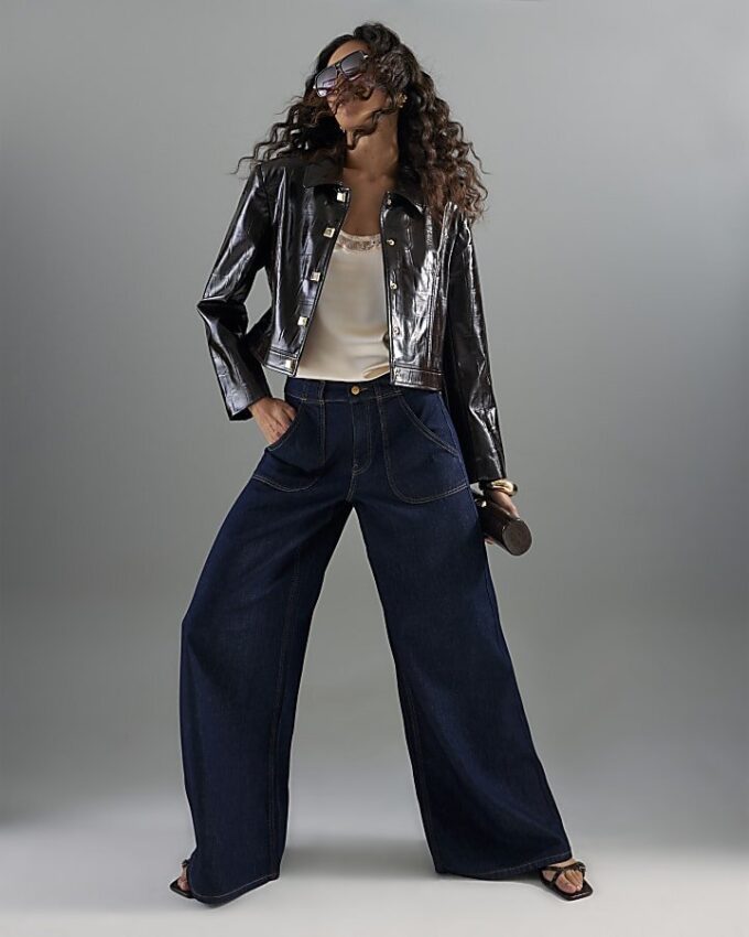 Indigo Mid Rise Tailored Baggy Wide Leg Jeans