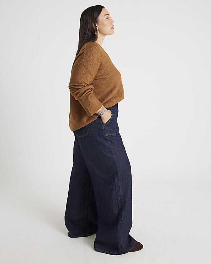 Indigo Mid Rise Tailored Baggy Wide Leg Jeans