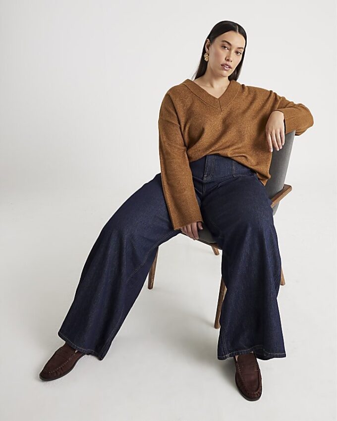 Indigo Mid Rise Tailored Baggy Wide Leg Jeans