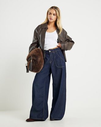 Indigoblå högmidjade baggy jeans med vida ben