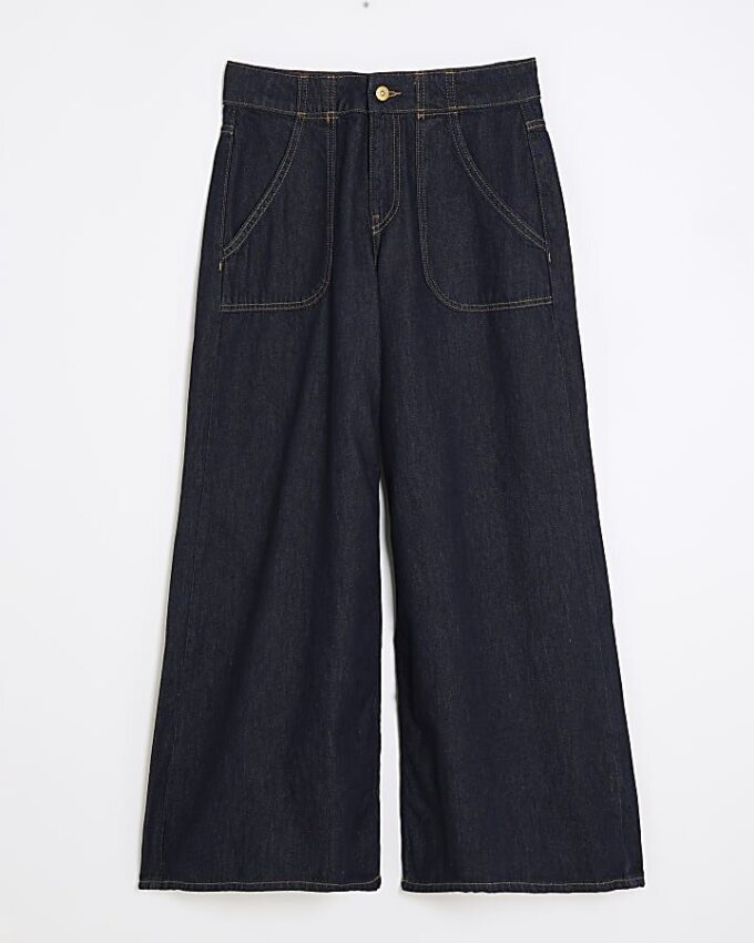 Indigoblå högmidjade baggy jeans med vida ben Indigoblå högmidjade baggy jeans med vida ben