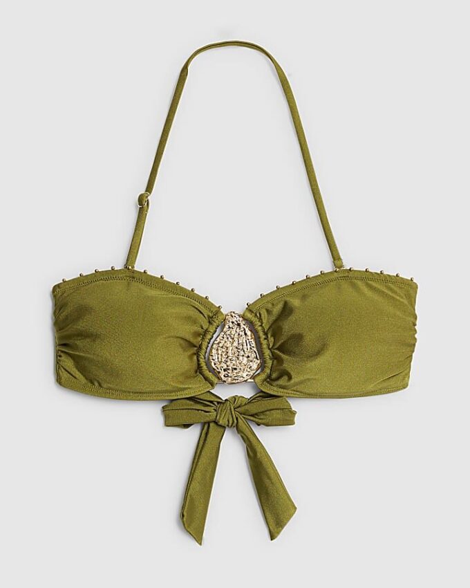 Khaki bandeau-bikinitopp med metallbeslag