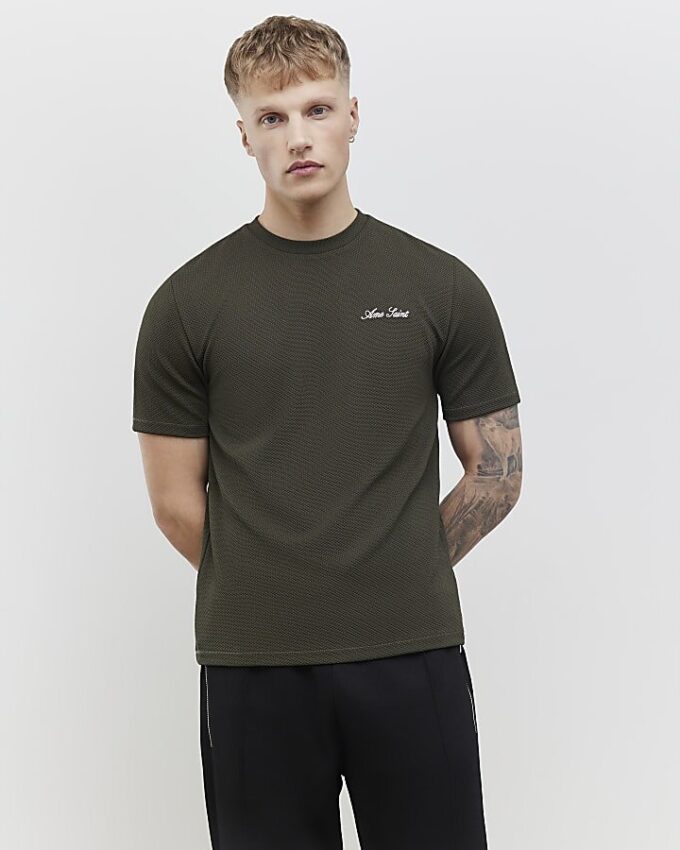 Khaki Slim Fit Textured Ame Saint T-shirt