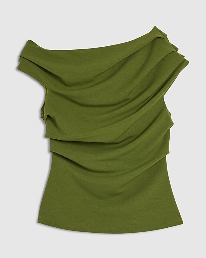 Khakifärgad kortärmad topp med draperad axel