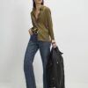 Khakifärgad långärmad slim fit-skjorta i satin
