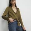 Khakifärgad långärmad slim fit-skjorta i satin